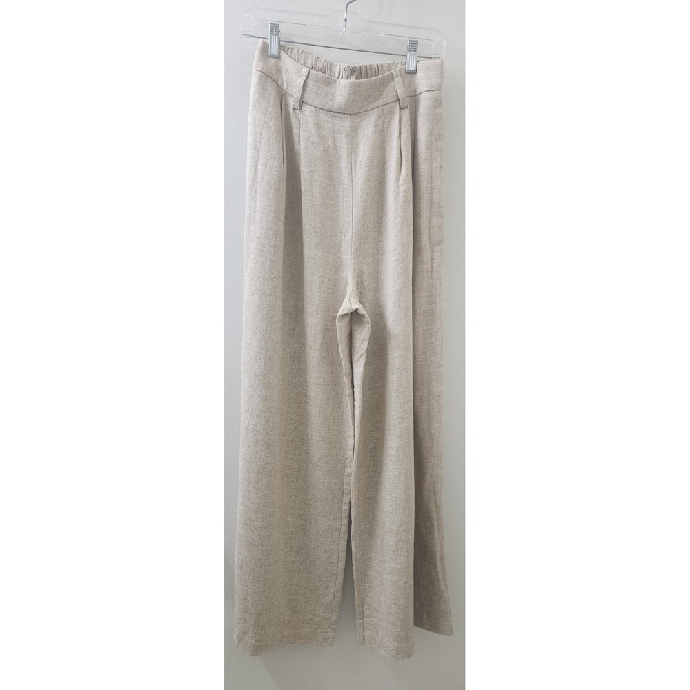 Klesis High Waisted Wide Leg Pleated Linen Blend Trousers Oatmeal Beige Pants